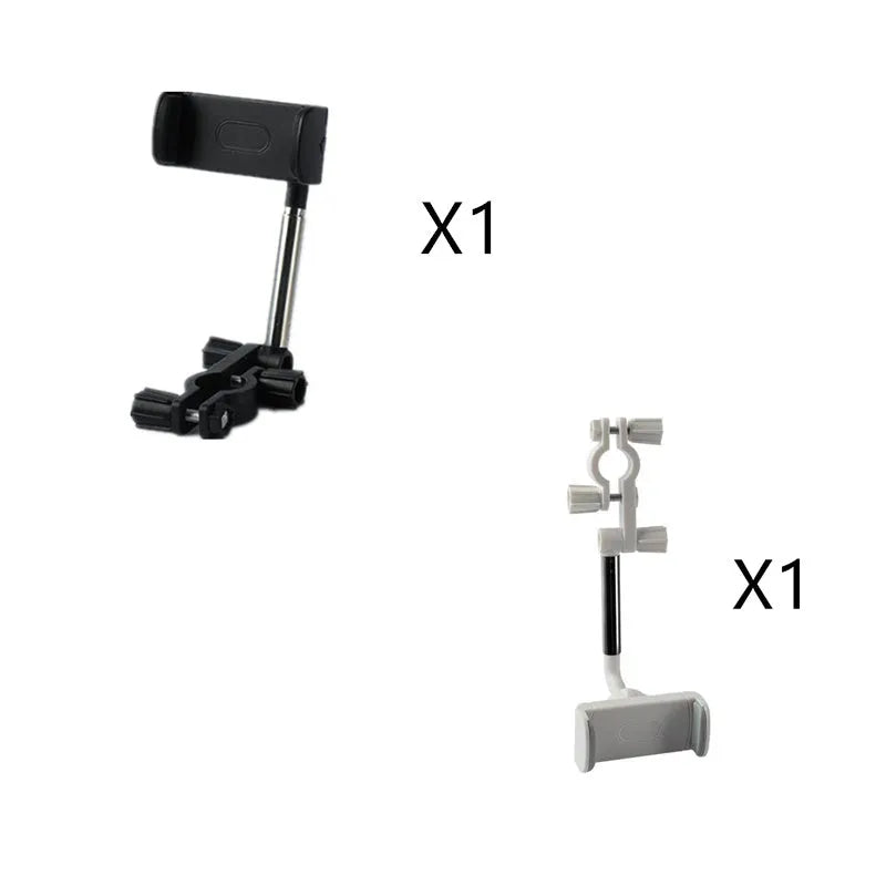 Black ABS plastic phone bracket mounted on car rearview mirror holding smartphone