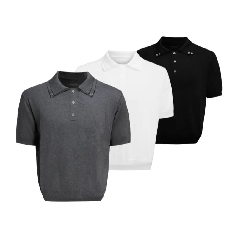 Men's black short sleeve shirt with double collar design and slim knit fabric in loose fit