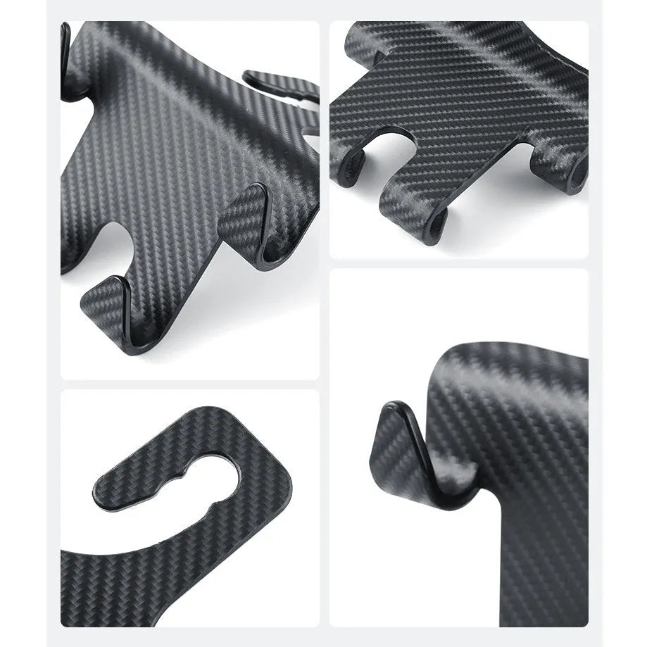 Black ABS car hook with integrated mobile phone bracket for rear seat storage.