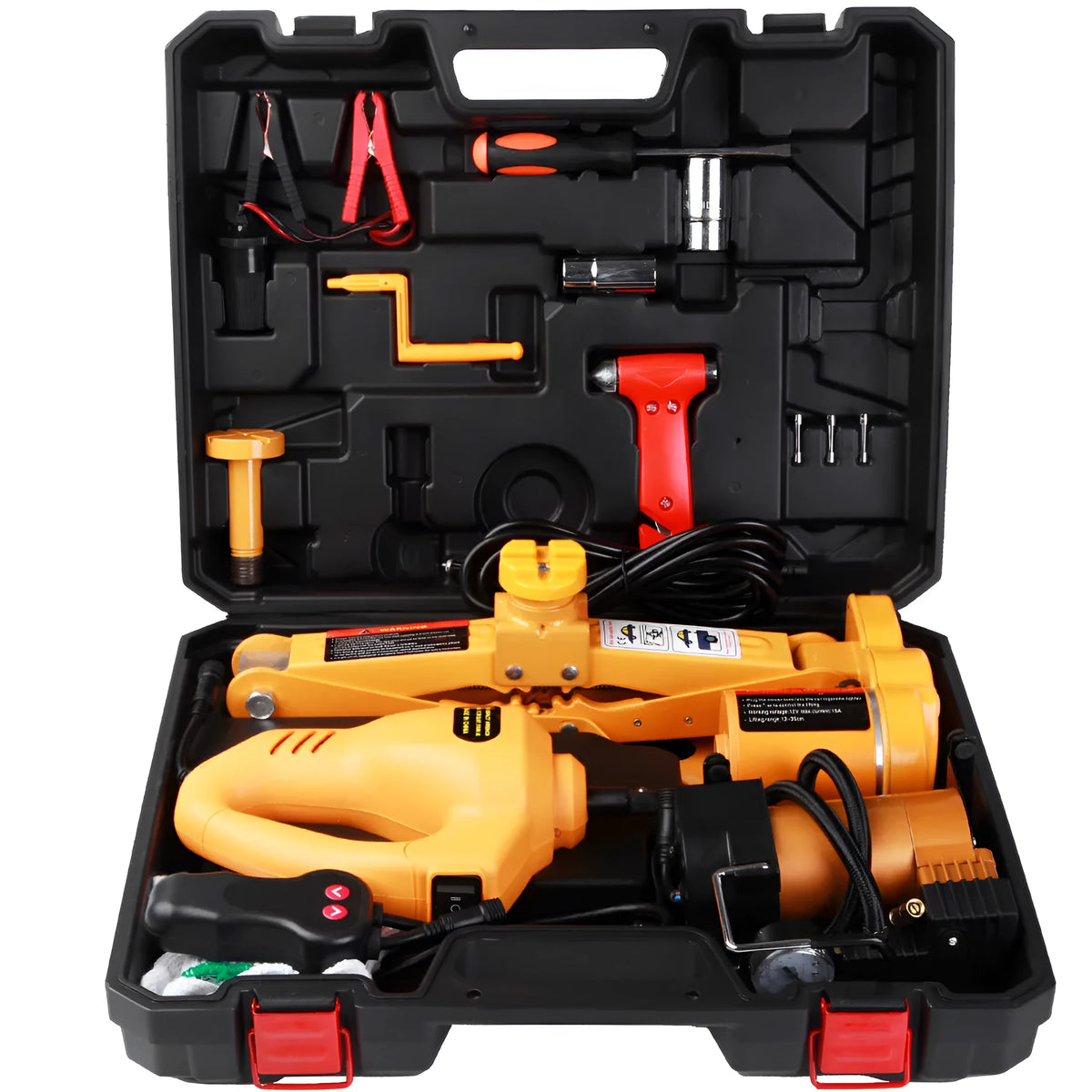 Yellow steel electric car jack set with included wrench for vehicle lifting