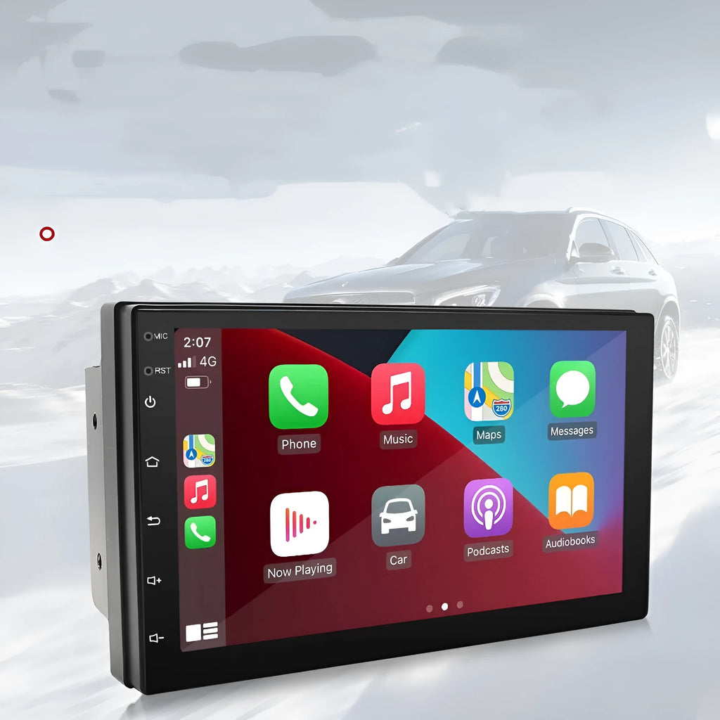 Black universal car radio with 7-inch screen, GPS navigation and Apple CarPlay for manual transmission vehicles