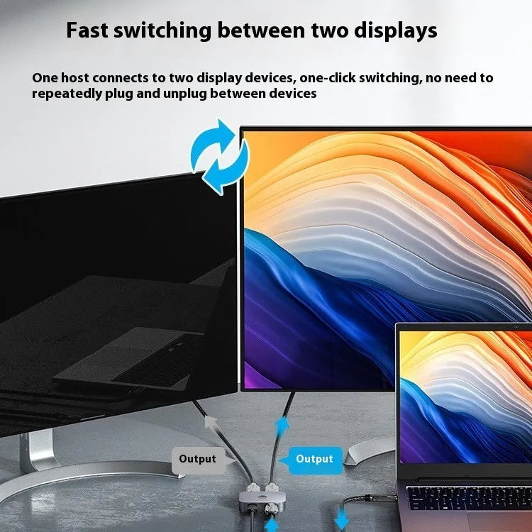 Grey alloy HDMI cable splitter for converting computer audio and video to two television screens.