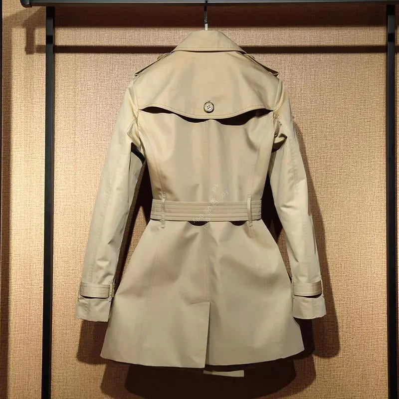 Khaki polyester British double breasted trench coat with flight sleeves and button front