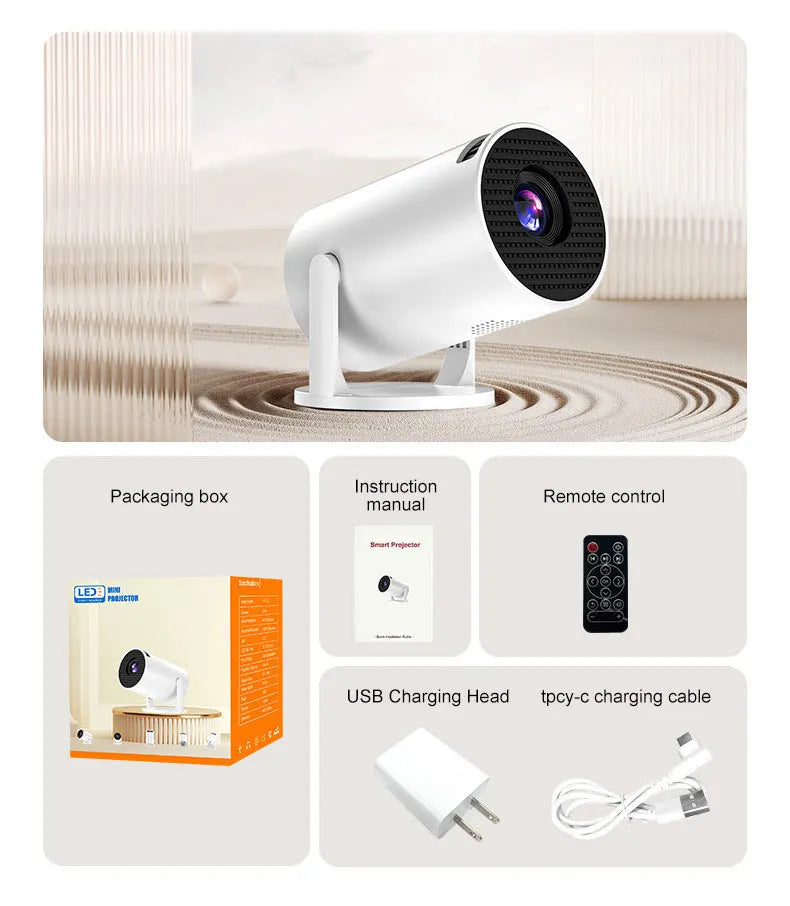 White mini wireless portable HD projector for home cinema on a table.