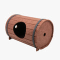 Wine barrel shaped pet bed made from three polyester fibre felt panels requiring assembly with binding straps