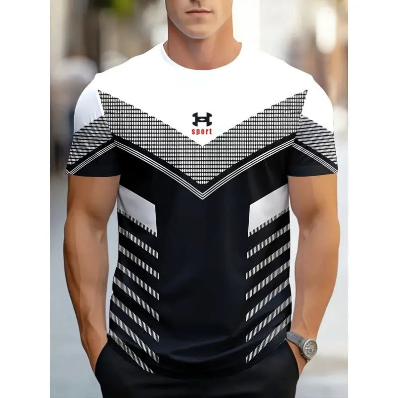 Men's loose fit short-sleeved T-shirt with 3D printed stripe patterns in business casual style