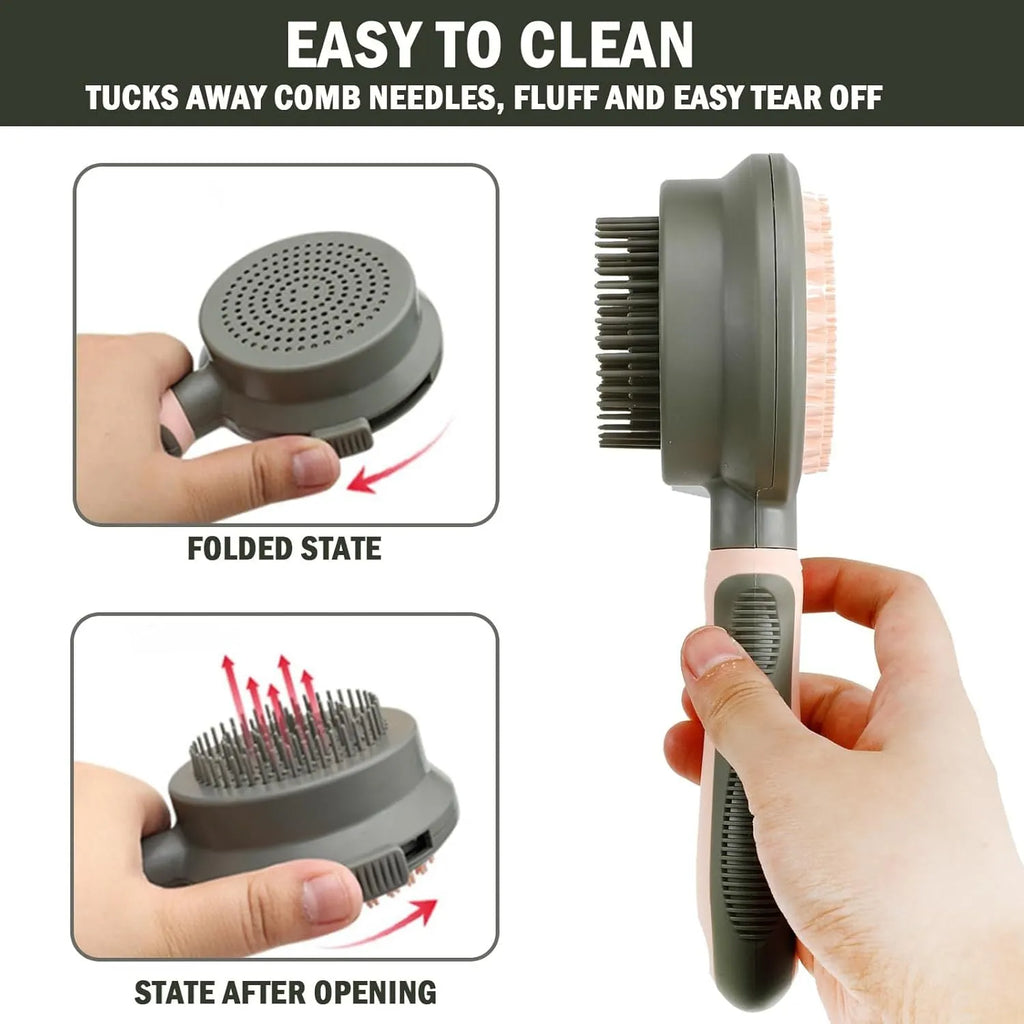 Green and pink double sided cat grooming brush with release button and flea comb