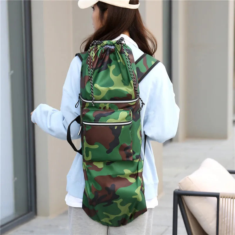 Waterproof nylon skateboard backpack with 20-35L capacity for longboards and fishing rods