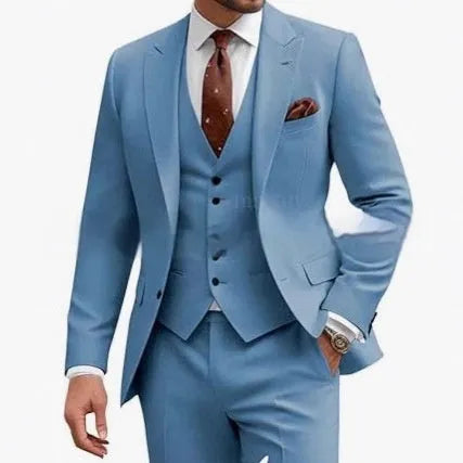 Men's slim fit three-piece suit in a choice of colours including bright red, champagne, and dark purple.