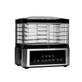 Silver stainless steel household fruit dehydrator food dryer with control panel.