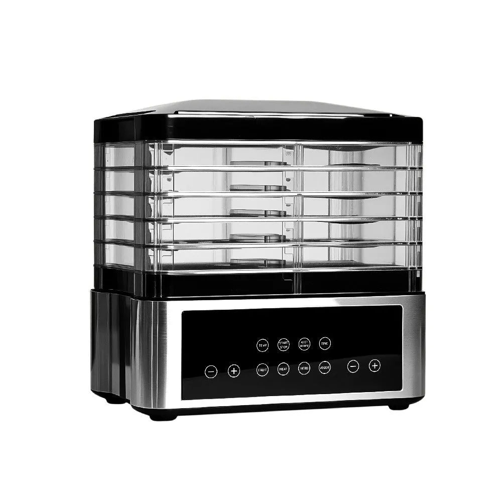 Silver stainless steel household fruit dehydrator food dryer with control panel.