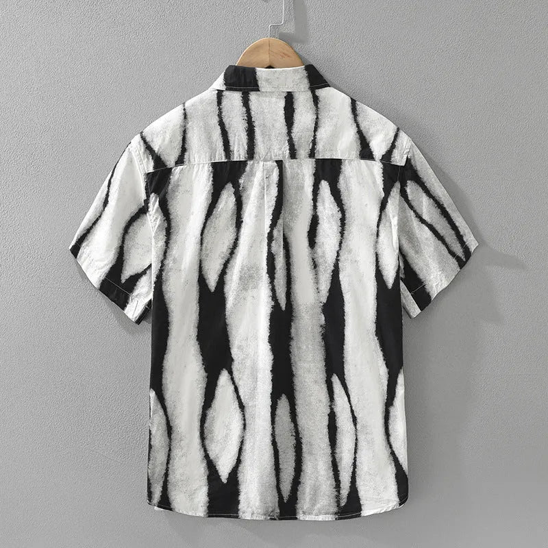 Men's black and brown striped short sleeve cotton shirt with retro cardigan style