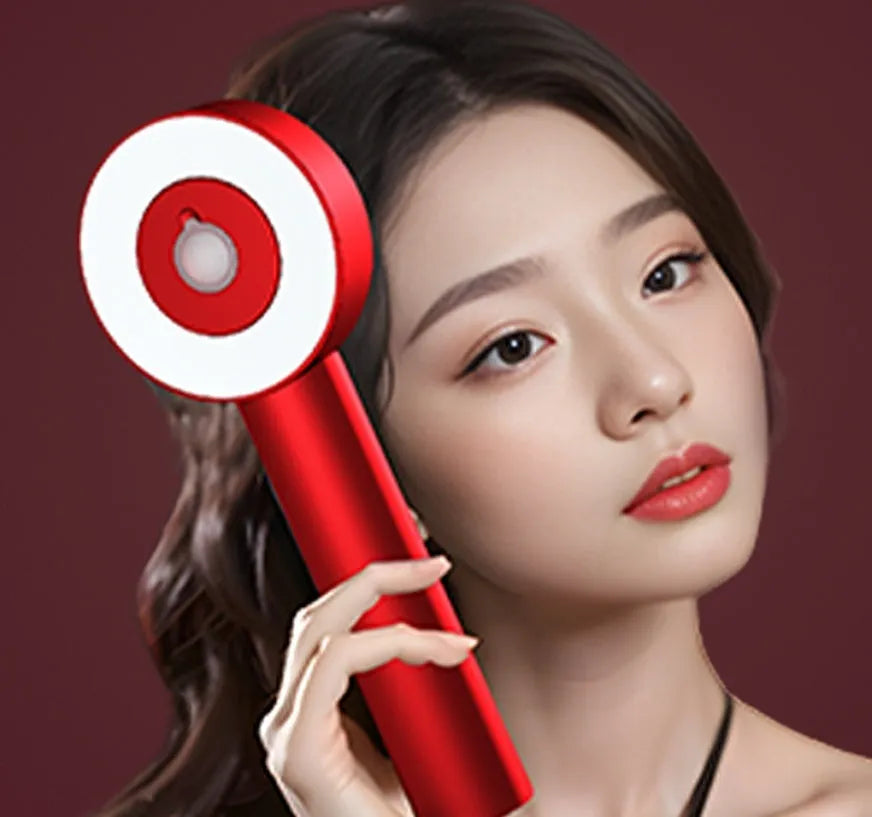 Black and red rechargeable scalp massage comb with red and blue lights, shown with a Type-C charging cable.