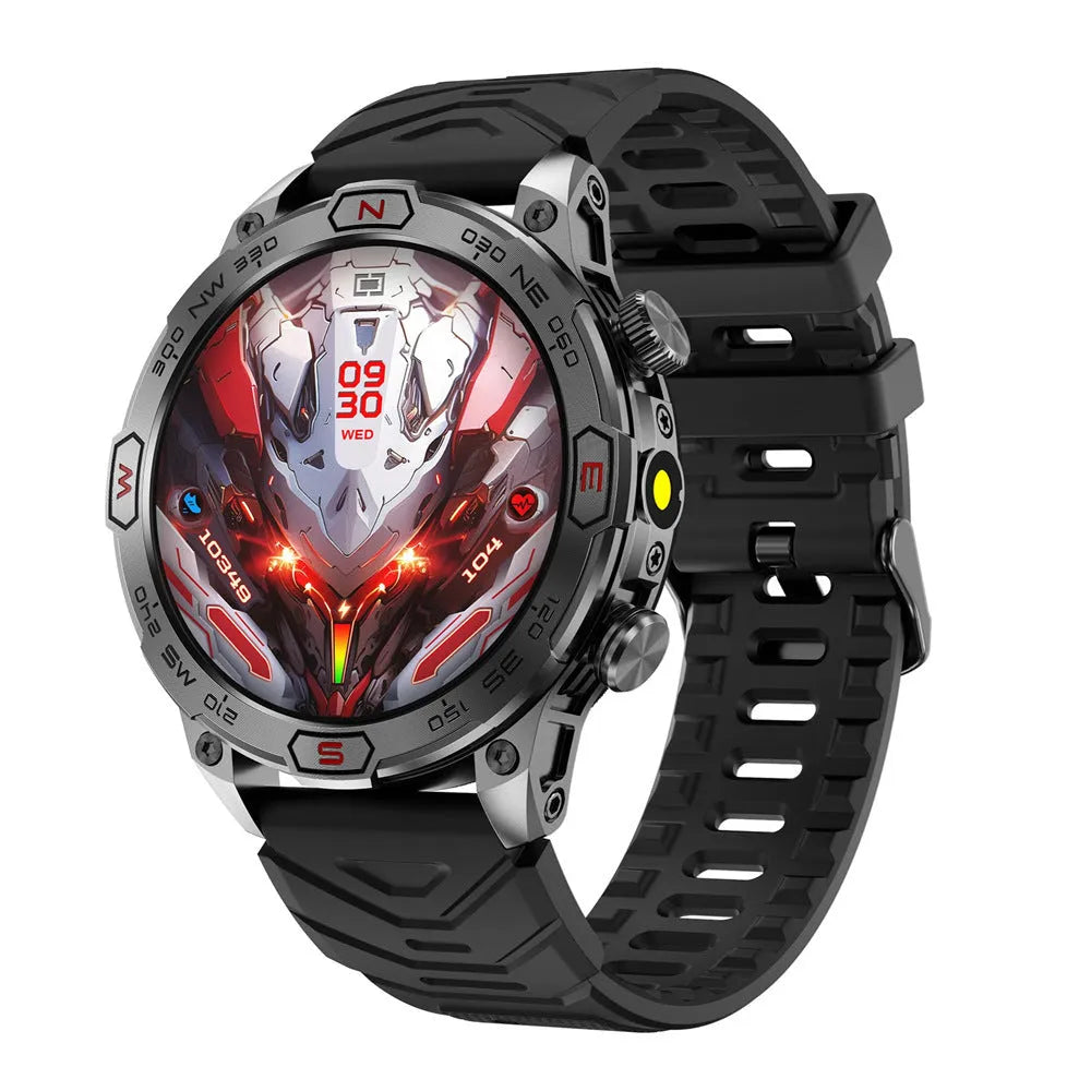 Black sports watch with AMOLED screen showing fitness data on liquid silicone strap