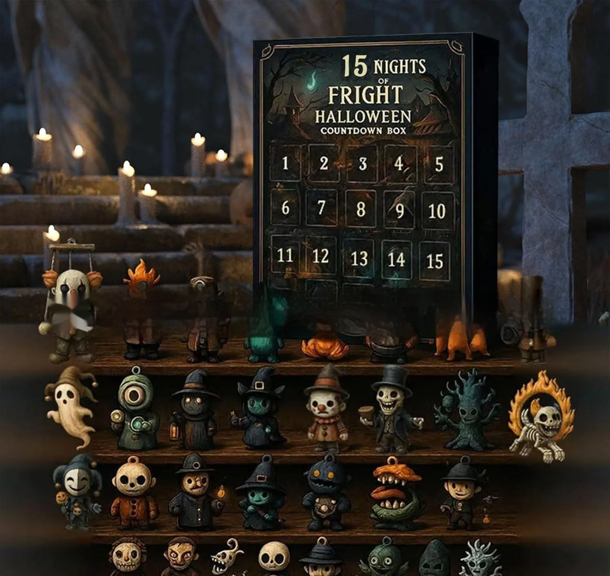 31 Night Horror Advent Calendar Box showing sealed blind boxes containing resin doll surprises