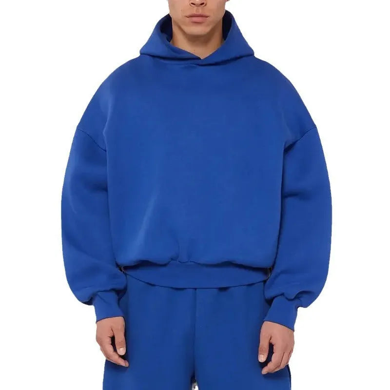 Men's grey fleece-lined cotton pullover sweatshirt with hood and wool lining