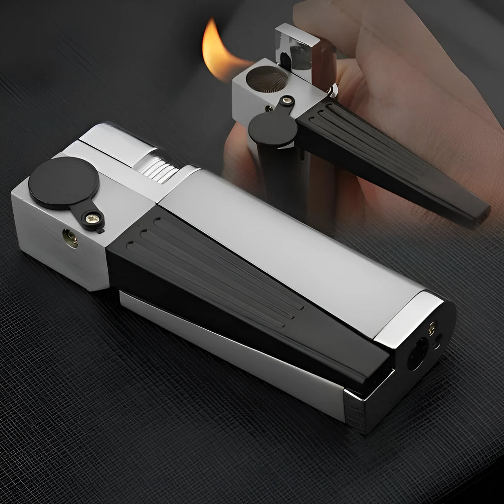 Metal folding pipe lighter with stash compartment in silver finish, showing open and closed positions