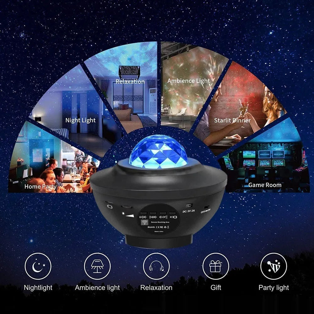 Black parallel style starry sky projection lamp with rotating water ripple laser effects