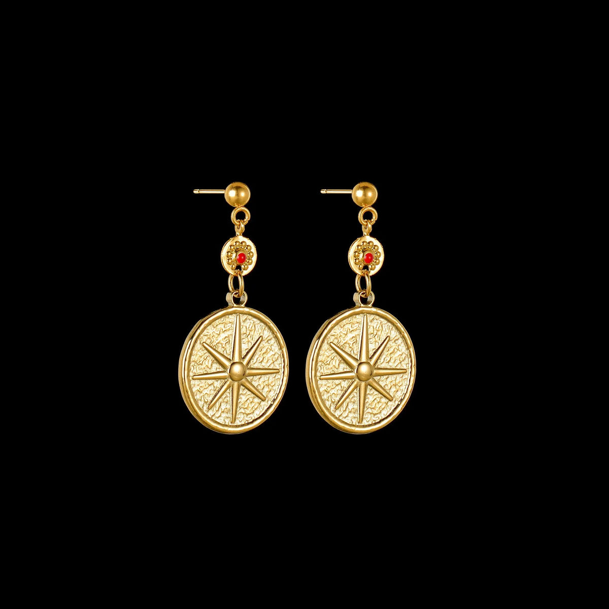 Geometric stainless steel earrings showing eight awn star, eye pattern, and shell sun designs
