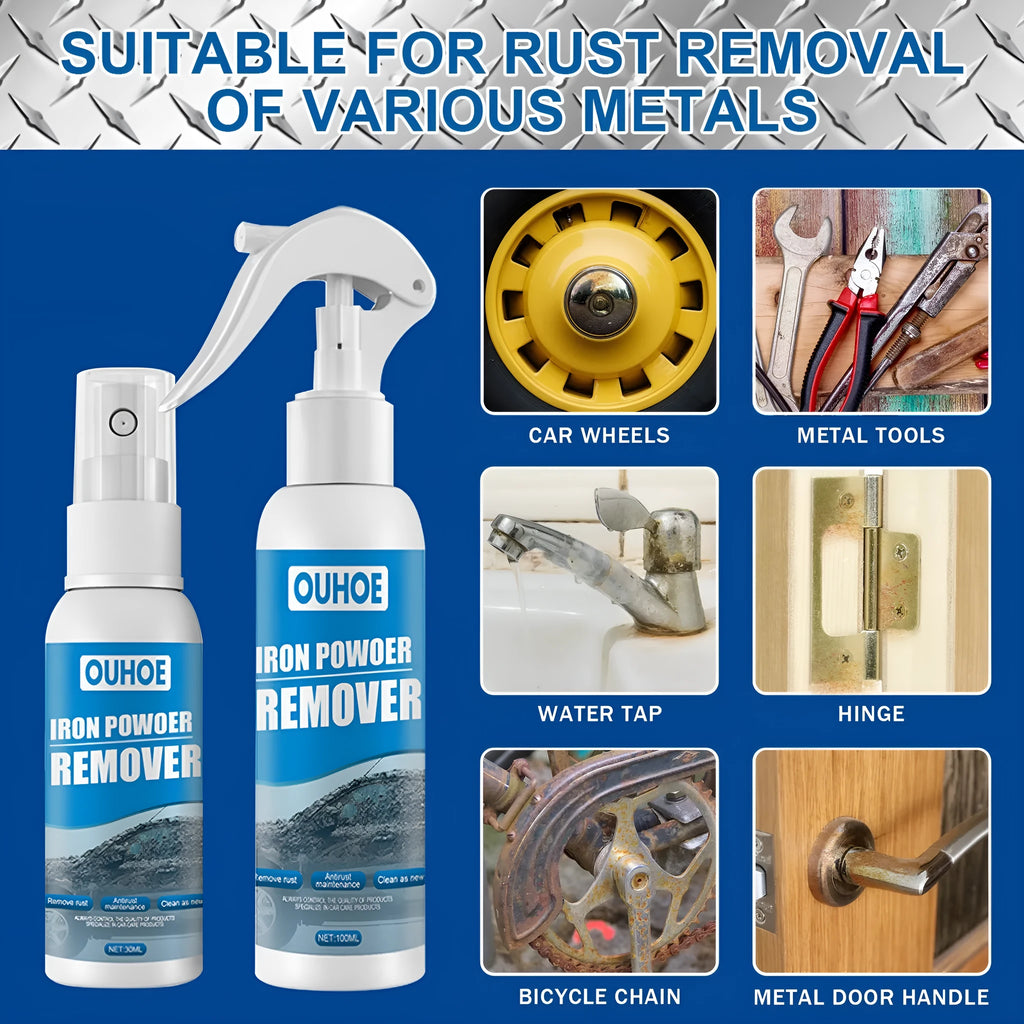 Automotive iron powder rust remover spray with blue square sponge and towel applicator options