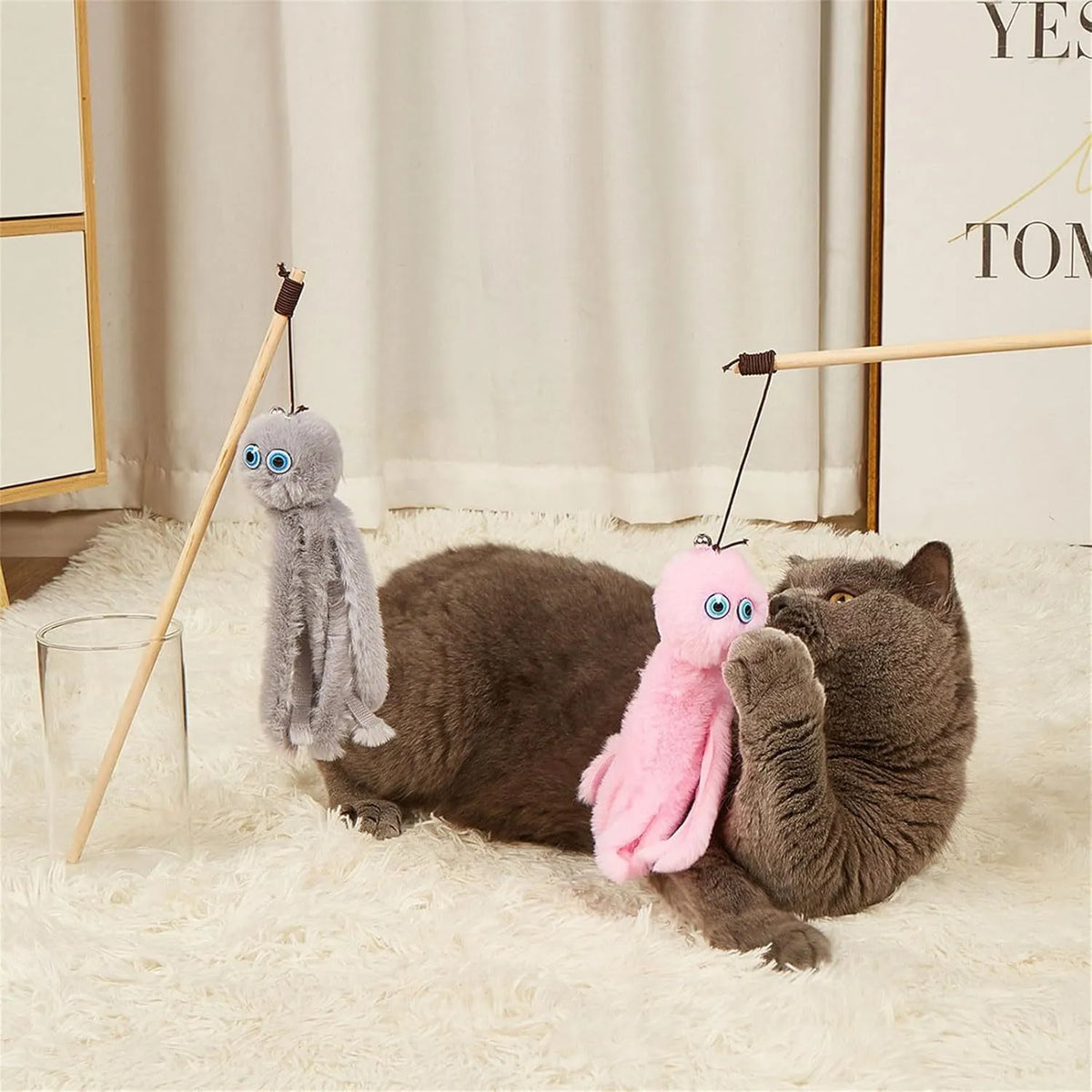 Furry octopus cat toy on 40cm long stick for indoor kitten play in bright colours