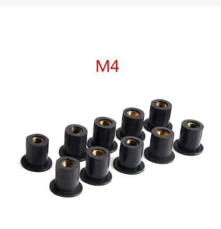Motorcycle windshield mounting hardware black rubber well nuts with brass inserts M4 M5 M6 sizes