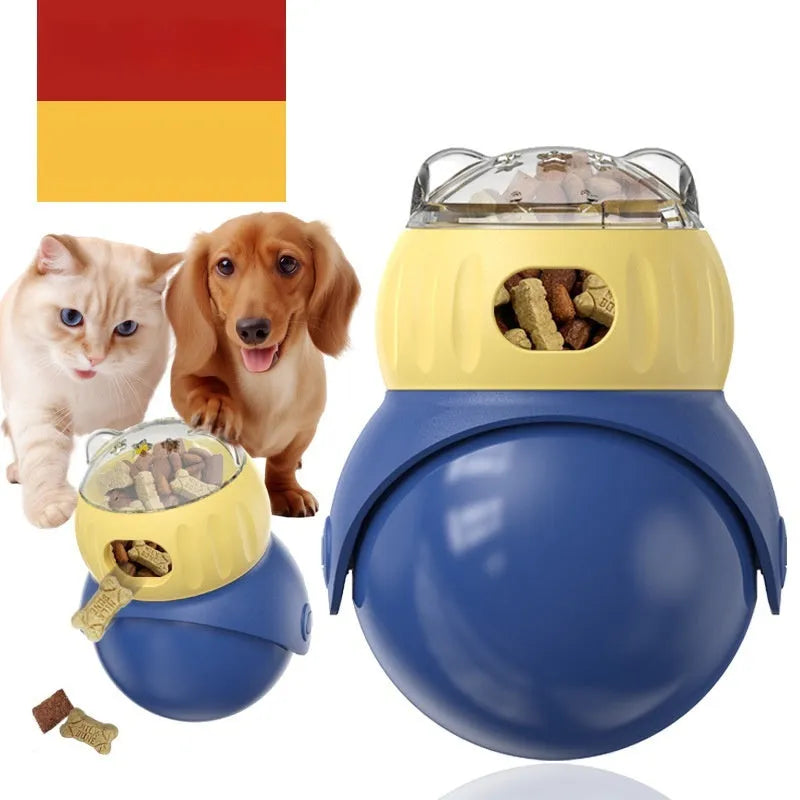 Owl-shaped yellow and blue plastic cat food puzzle feeder with self-service portion control