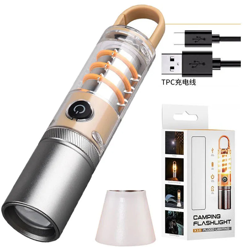 Orange 10W flashlight with hook attachment and optical zoom adjustment