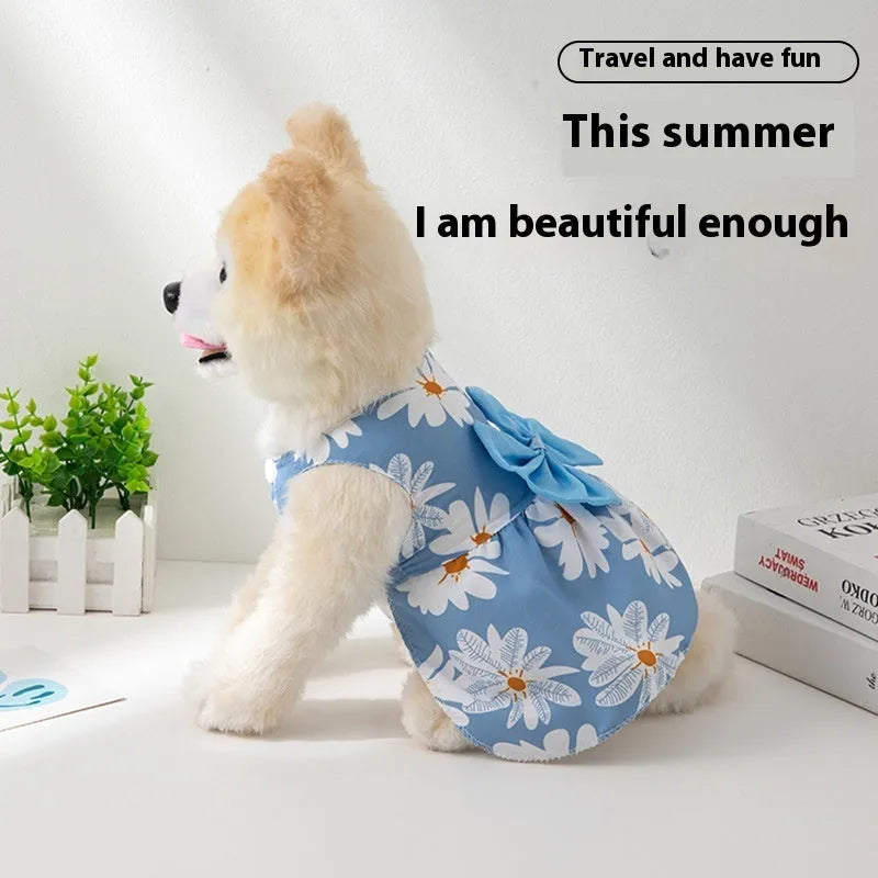 Ultra-thin floral butterfly princess pet dress with bow decoration for dogs and cats