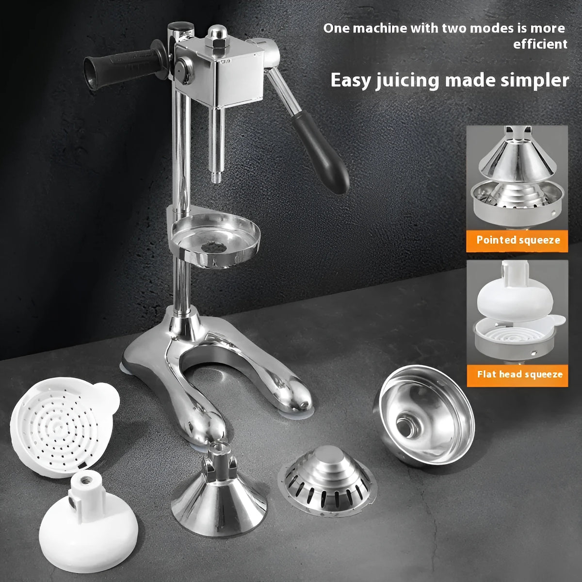 Vertical stainless steel manual citrus juicer in chosen colour with selected head style on kitchen worktop.