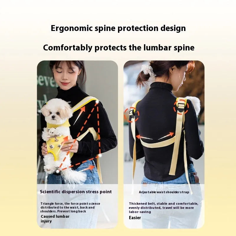 Canvas cat carrier bag with cartoon animal design in yellow bear pattern showing soft construction