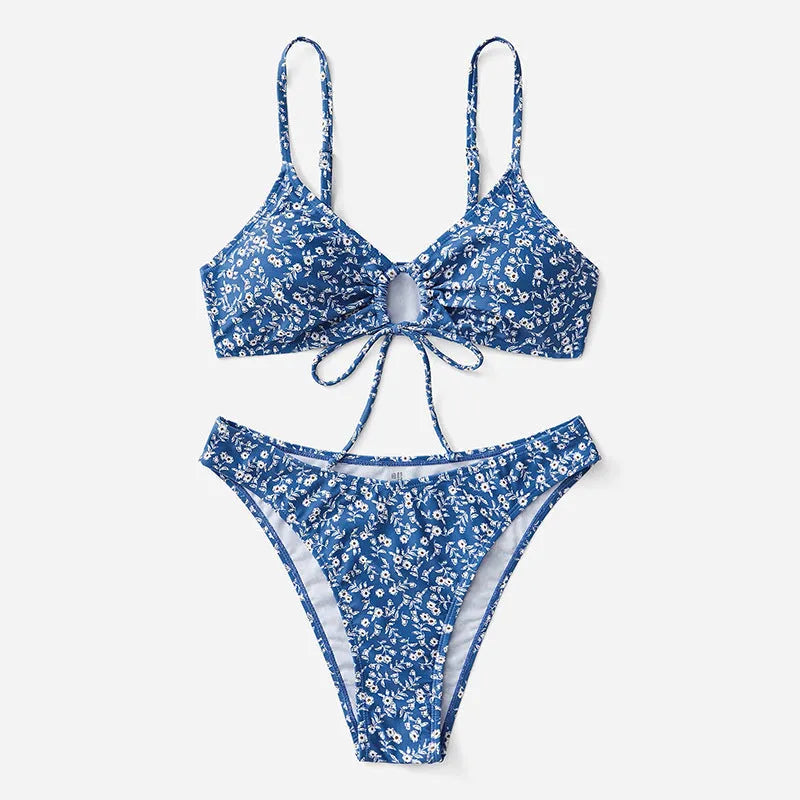 Blue polyester three-piece swimsuit set with top and shorts for women