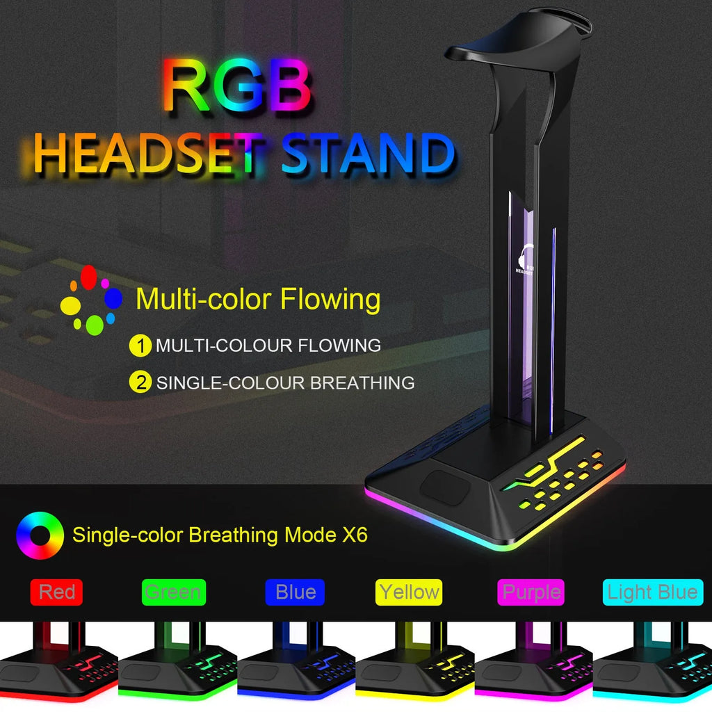 RGB colour changing headset display rack with dual USB charging ports and 1.5 metre cable