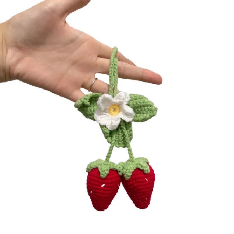 Handmade strawberry car pendant woven from cotton and hemp materials