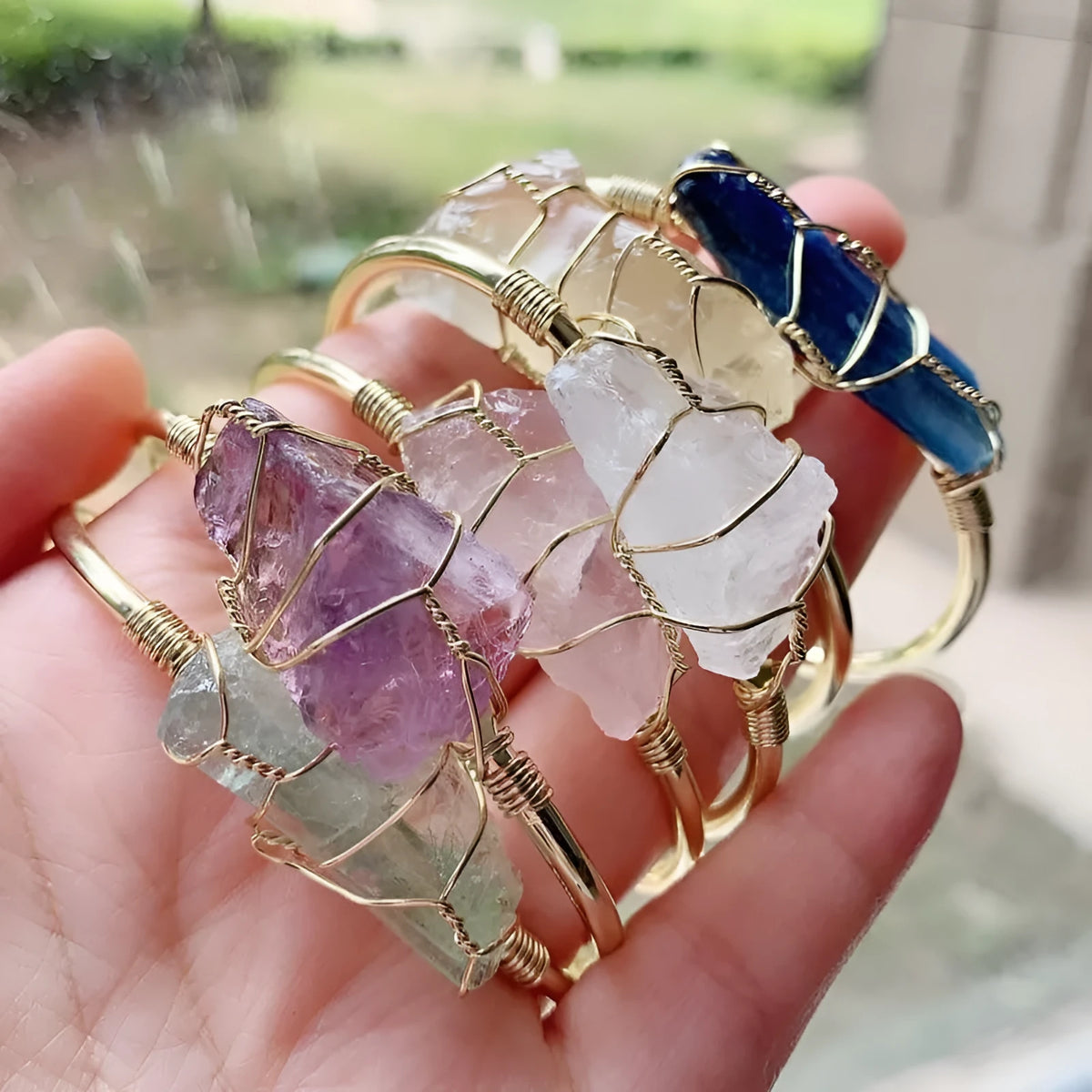 Natural crystal rough stone bracelet with gold winding geometric design in bohemian ethnic retro style