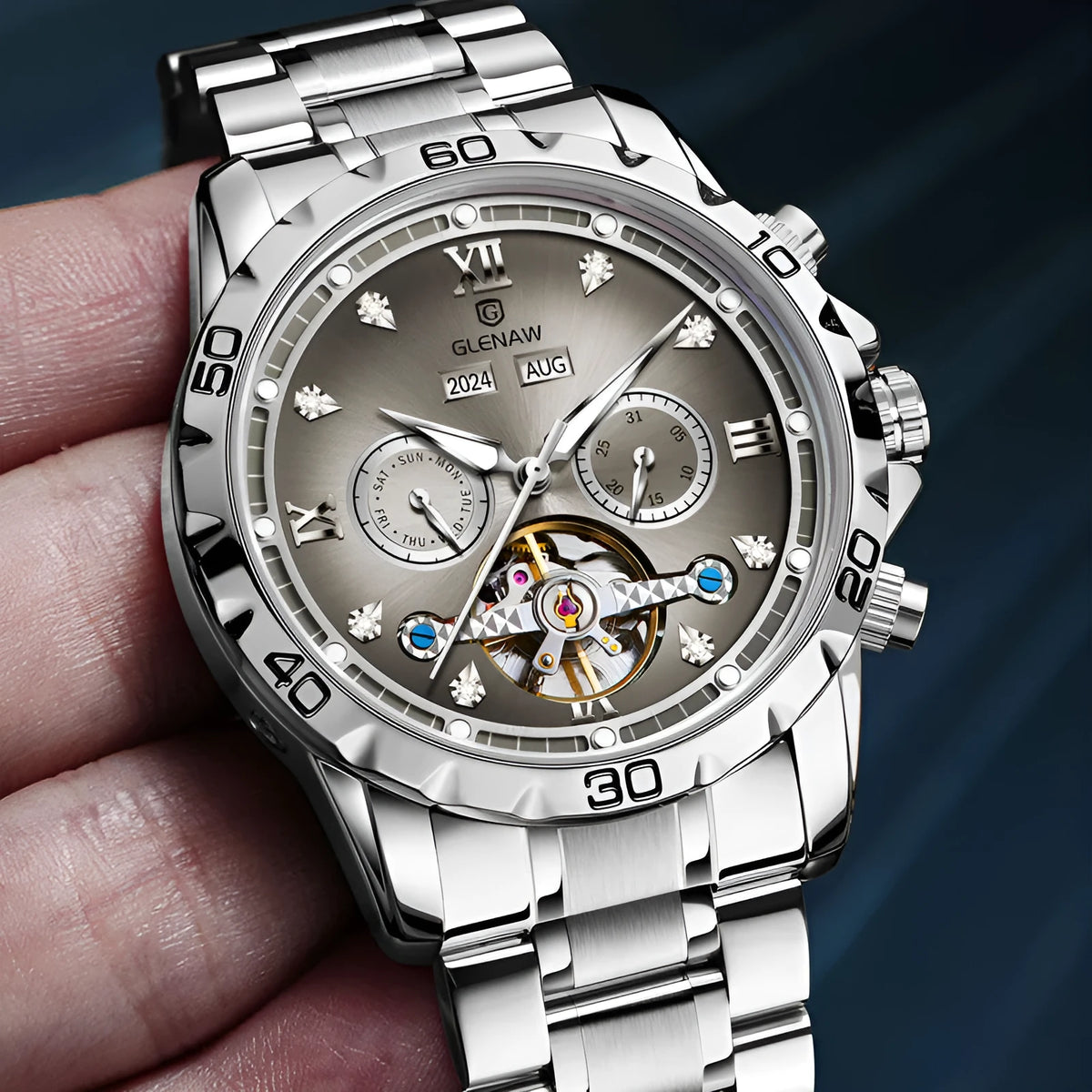 Automatic mechanical watch for men with stainless steel strap on wrist, showing metal case and watch face.
