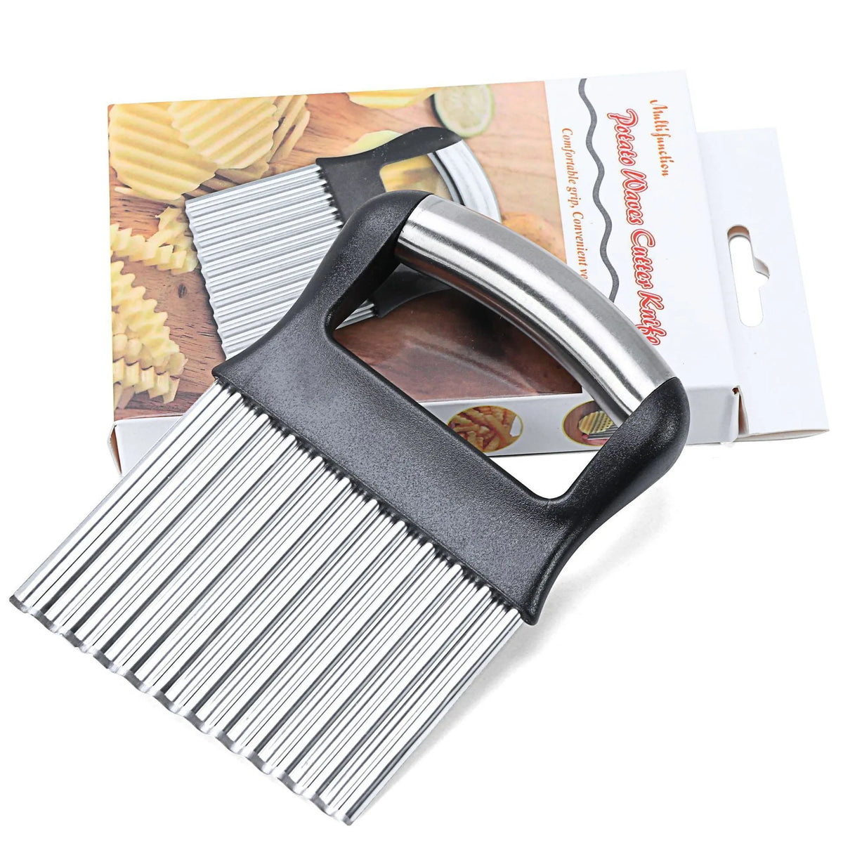 Stainless steel potato wave knife on a kitchen worktop