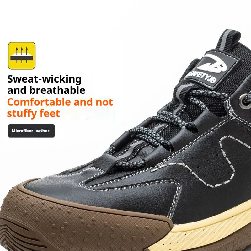 Men's leather work safety shoe with a black rubber sole, shown in a neutral colour.