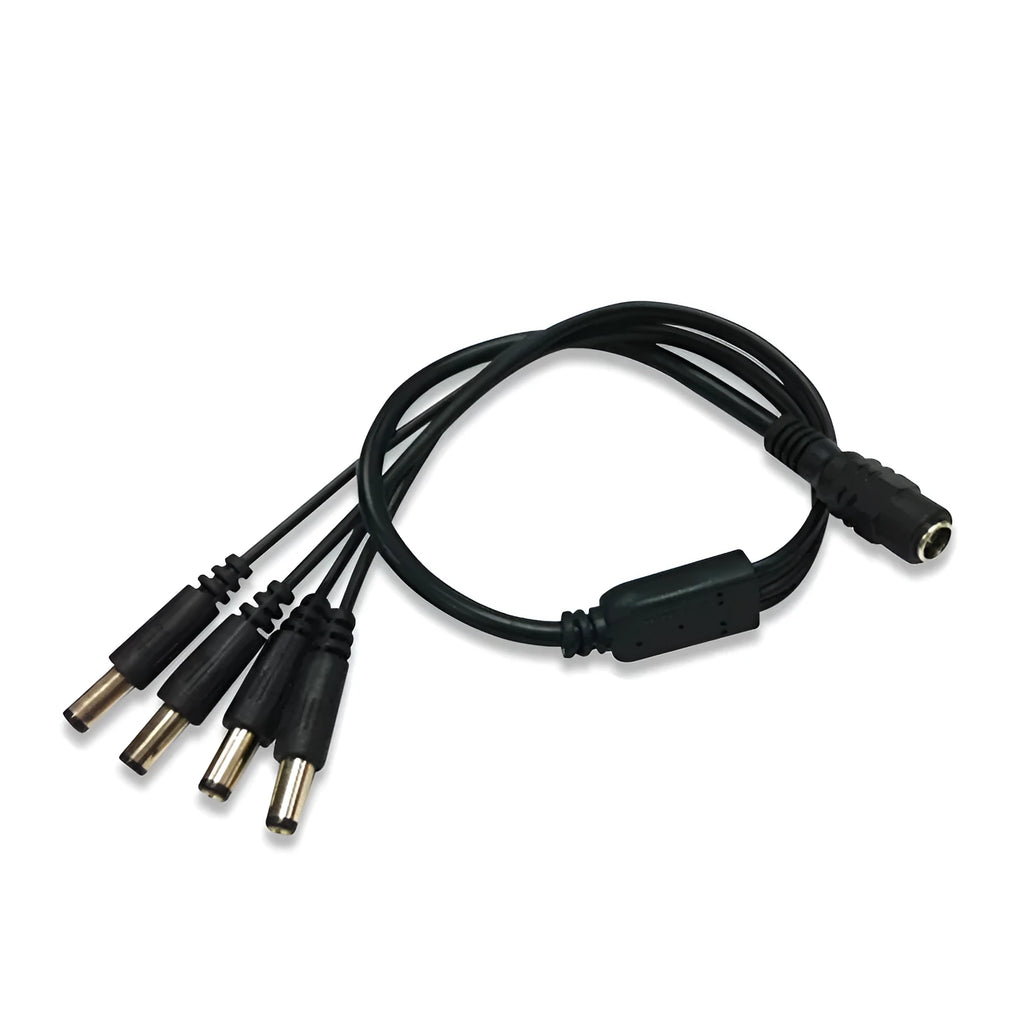 Black DC 1-to-4 monitoring power cord with 5.5mm connectors for CCTV security systems