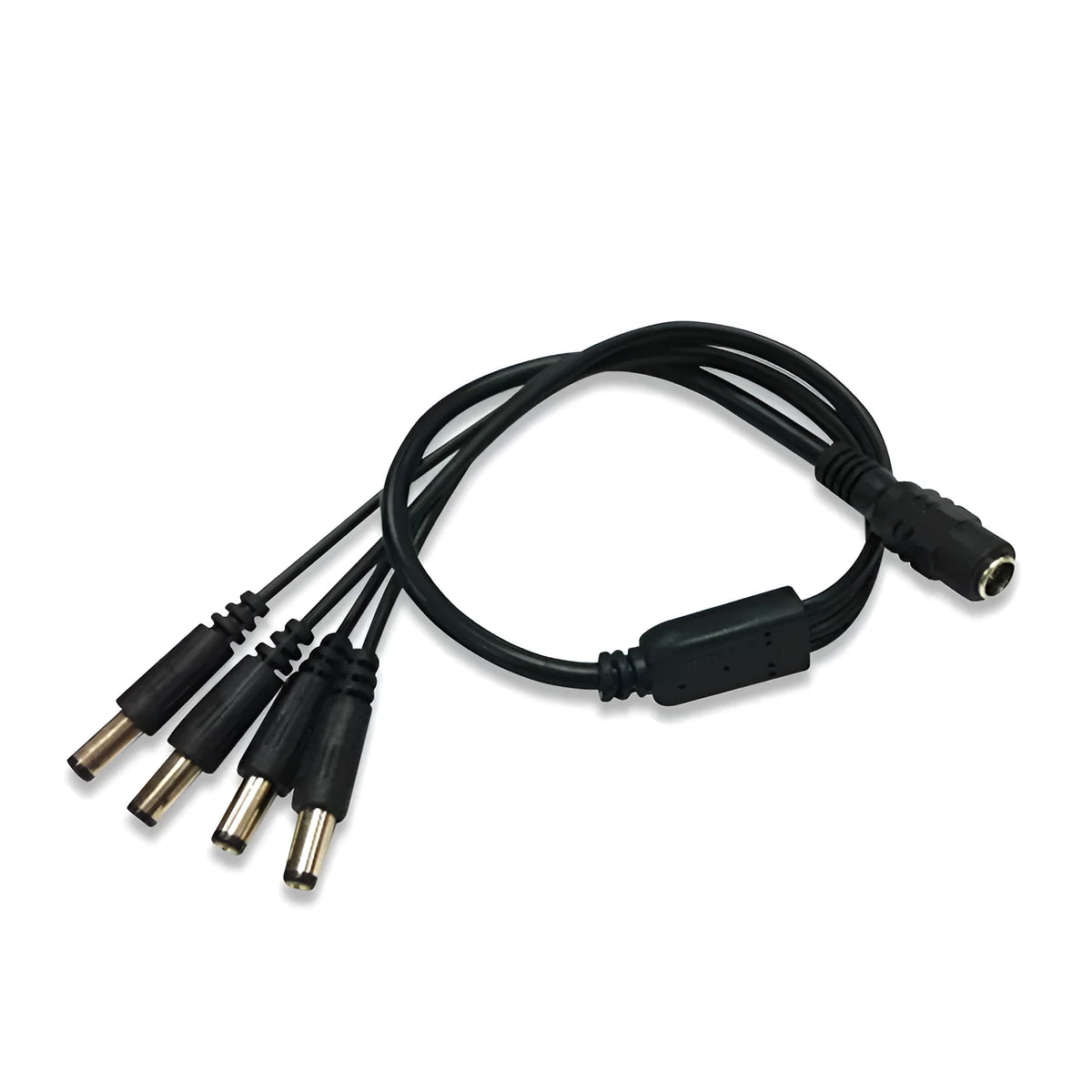 Black DC 1-to-4 monitoring power cord with 5.5mm connectors for CCTV security systems