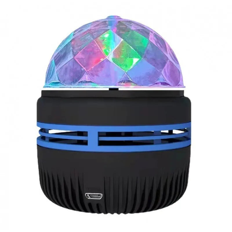 Mini crystal magic ball atmosphere projector showing starry sky and aurora light projection on a dark background.