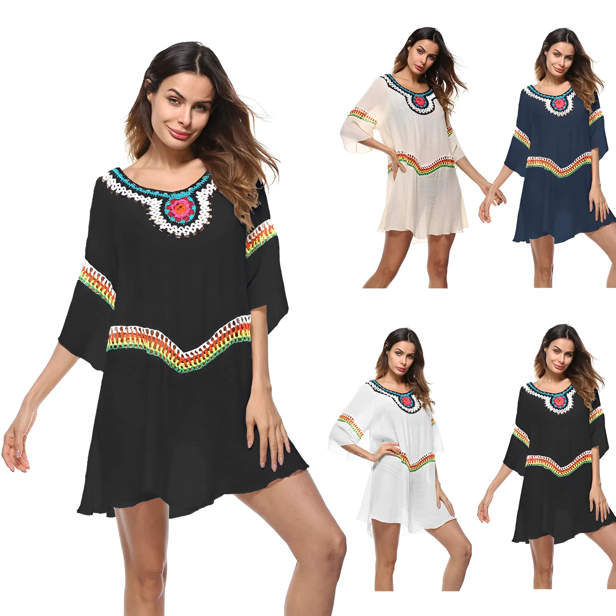 Crocheted ethnic style women's beach cover-up in acrylic fabric for sun protection.