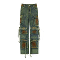Loose cargo denim trousers with gradient colour pockets and multiple storage compartments