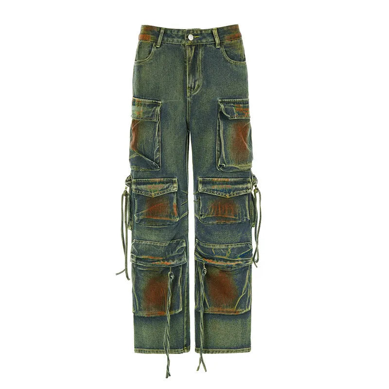 Loose cargo denim trousers with gradient colour pockets and multiple storage compartments