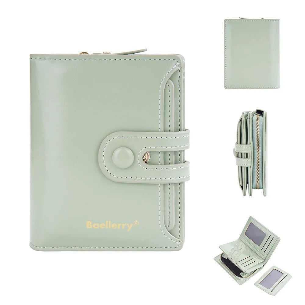 Slim women's PU leather card holder wallet shown in multiple colour options