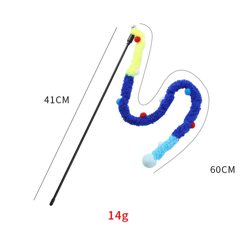 Colourful cat wand toy with plush strip and bell on 41cm pole for interactive play