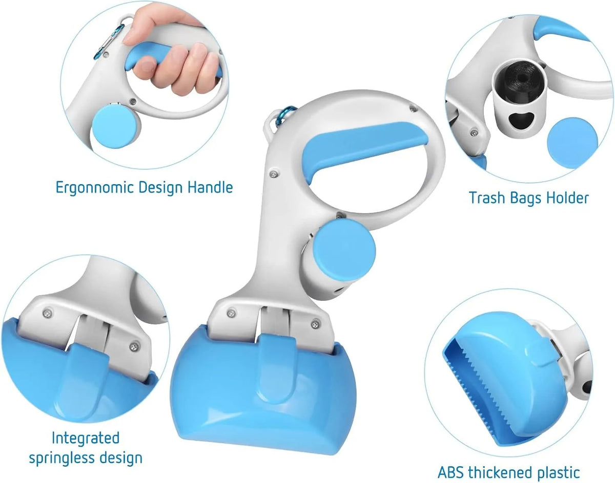 Heavy-duty ABS plastic pet pooper scooper with built-in trash bag holder in blue