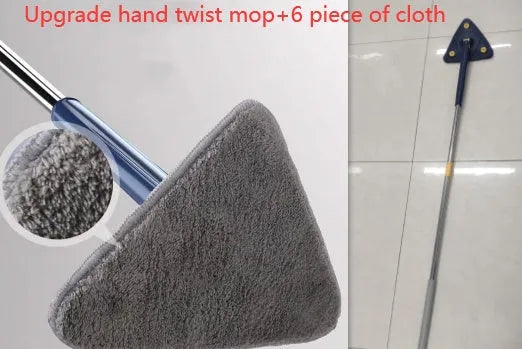 Blue triangle cleaning mop with rotating head on an extendable stainless steel pole.
