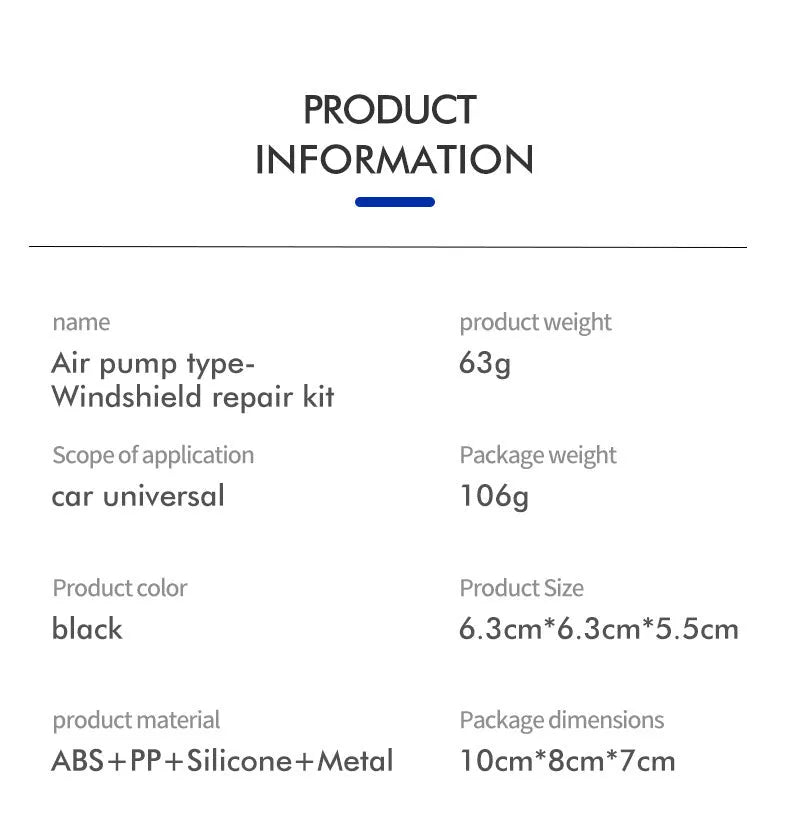Car windscreen crack repair tool kit with plastic applicator and glass corrector resin bottle