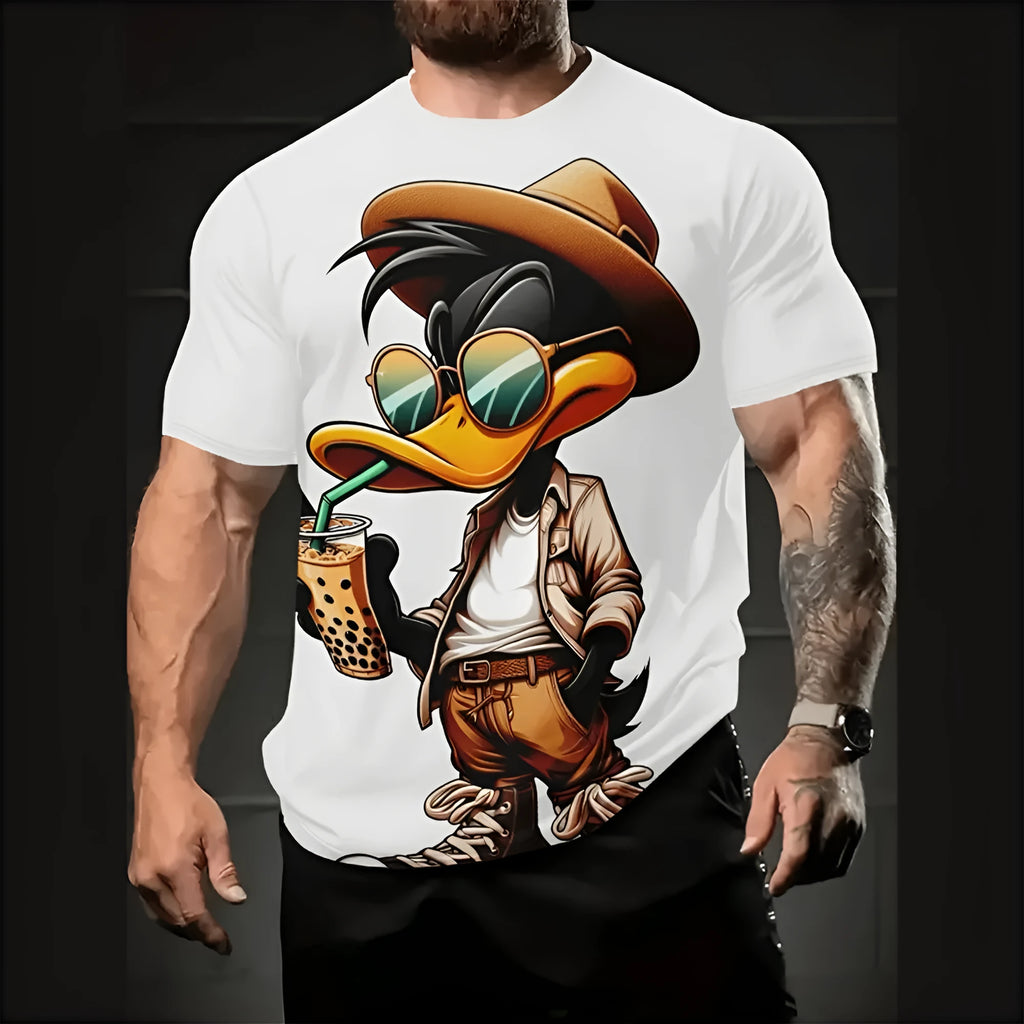 Man wearing a loose-fit short sleeve shirt with a colourful 3D cartoon print, made from thin milk silk fabric.
